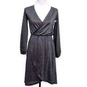 Nordstrom Halogen Dress Womens XXS Black Silver Shimmer Faux‎ Wrap Long Sleeve